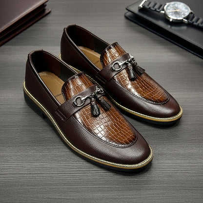 Handmade Stitched Alligator Textured Dark Brown Premium Leather Loafers: Slip-On Dress Shoes