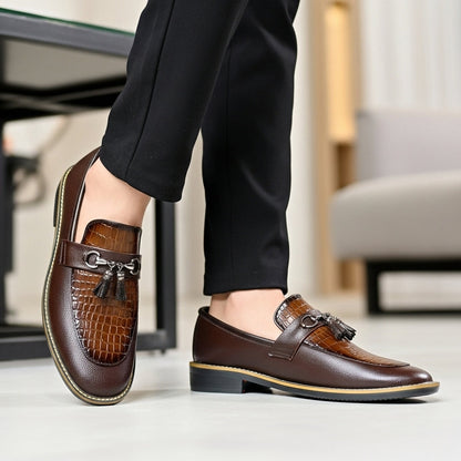 Handmade Stitched Alligator Textured Dark Brown Premium Leather Loafers: Slip-On Dress Shoes