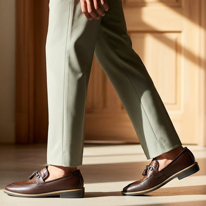 Handmade Stitched Alligator Textured Dark Brown Premium Leather Loafers: Slip-On Dress Shoes